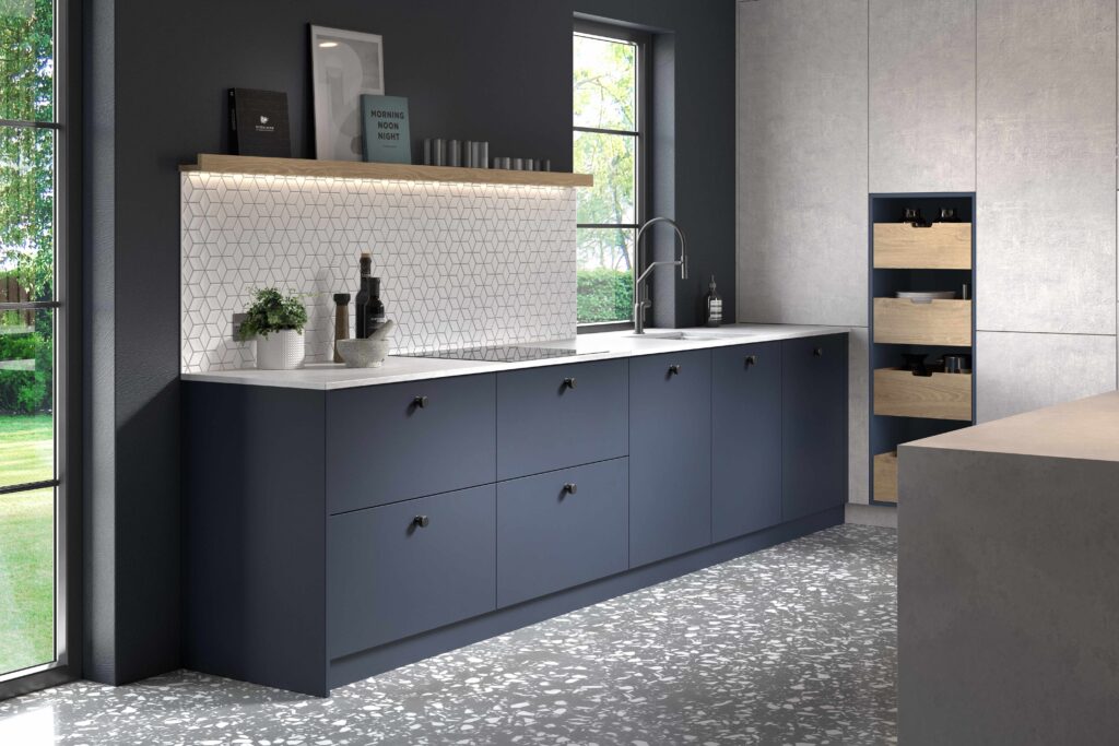 Unity Kitchen in Indigo Blue Supermatt and Brunswick Concrete